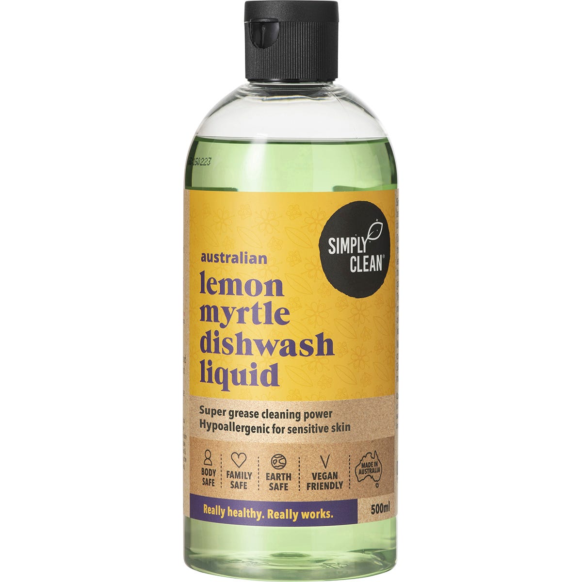 500ml bottle of Simply Clean Lemon Myrtle Dishwash Liquid featuring a yellow label with green text.