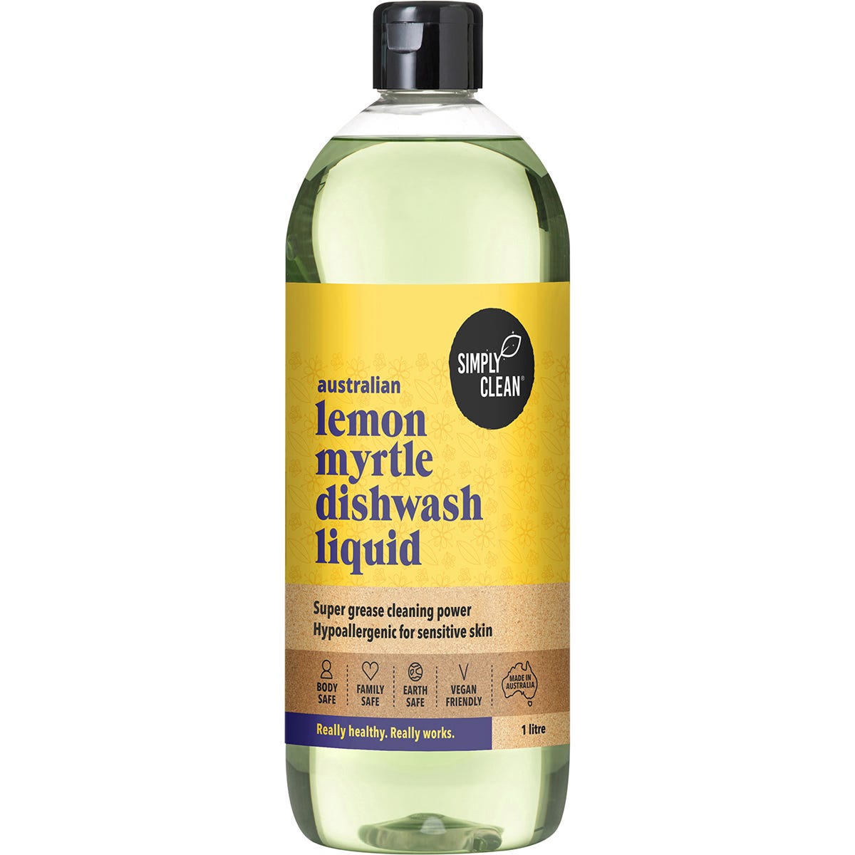 1L bottle of Simply Clean Lemon Myrtle Dishwash Liquid featuring a yellow label with botanical illustrations.