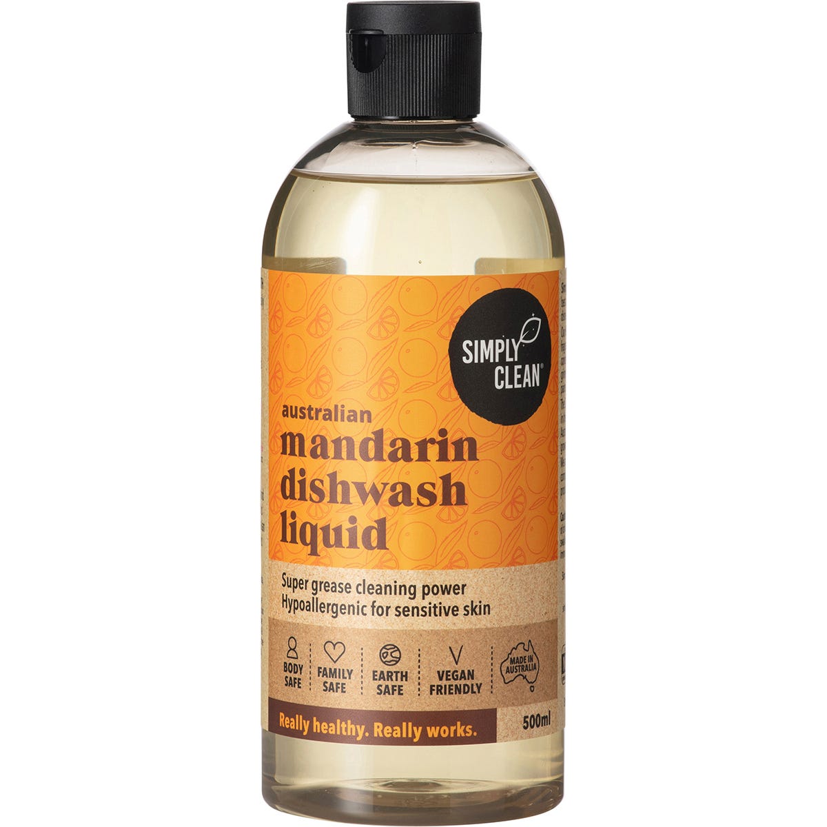 500ml bottle of Simply Clean Mandarin Dishwash Liquid with a pump dispenser and orange citrus label illustrations.