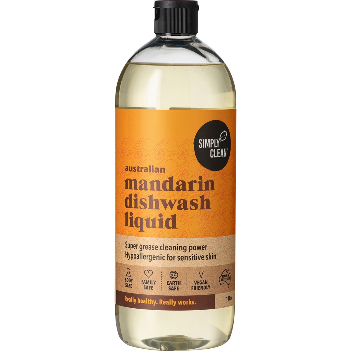 1L bottle of Simply Clean Mandarin Dishwash Liquid with a pump dispenser and orange citrus label illustrations.