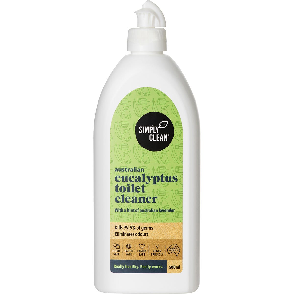 500ml bottle of Simply Clean Eucalyptus Toilet Cleaner with a white body, green cap, and eucalyptus leaf illustrations.