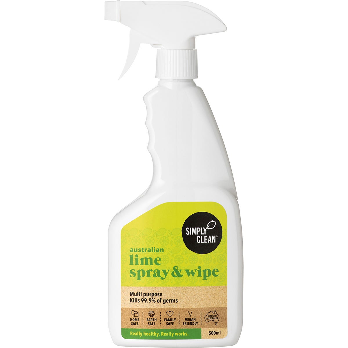 Simply Clean Spray & Wipe Lime 500ml spray bottle with a green and white label and a clear trigger spray nozzle.