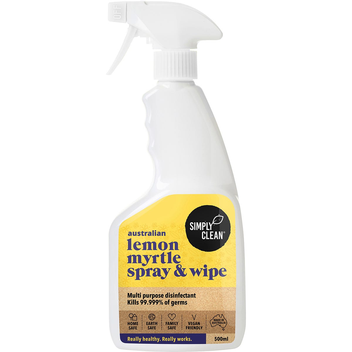 Simply Clean 500ml Lemon Myrtle Spray and Wipe bottle with a white trigger spray and green botanical label.