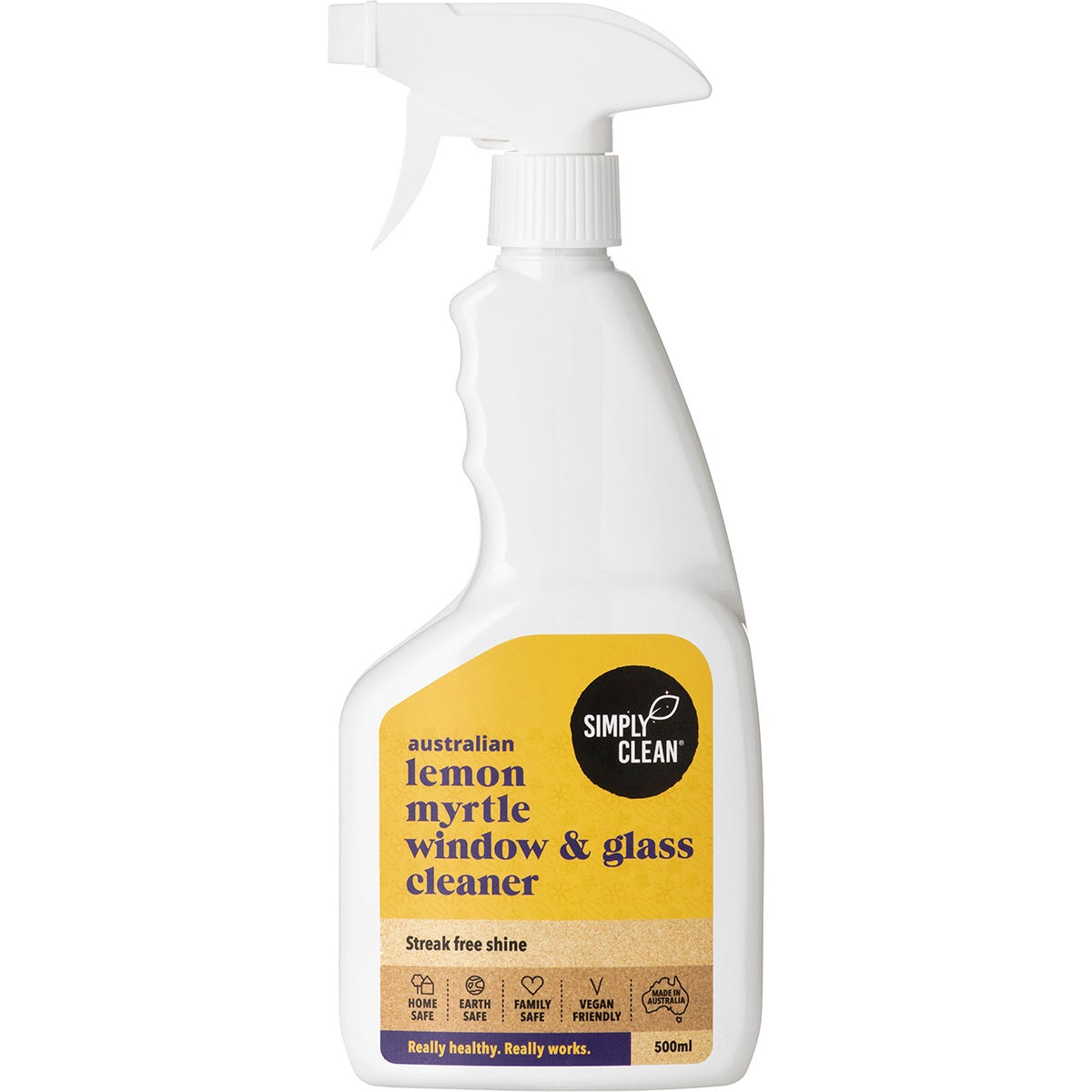 500ml bottle of Simply Clean Lemon Myrtle Window and Glass Cleaner with a spray nozzle and yellow label.