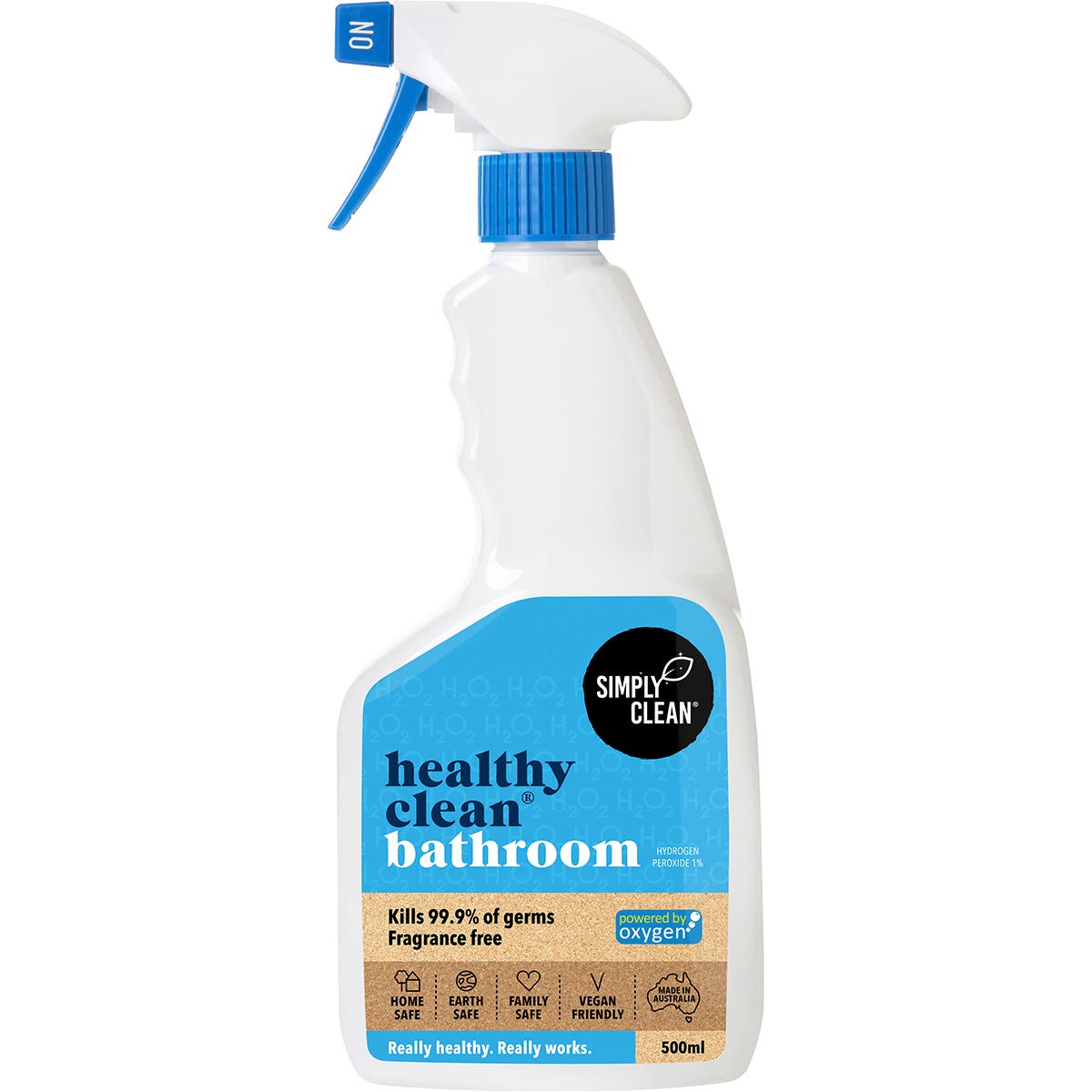 500ml spray bottle of Simply Clean Healthy Clean Bathroom cleaner with a white and blue label on a white background.