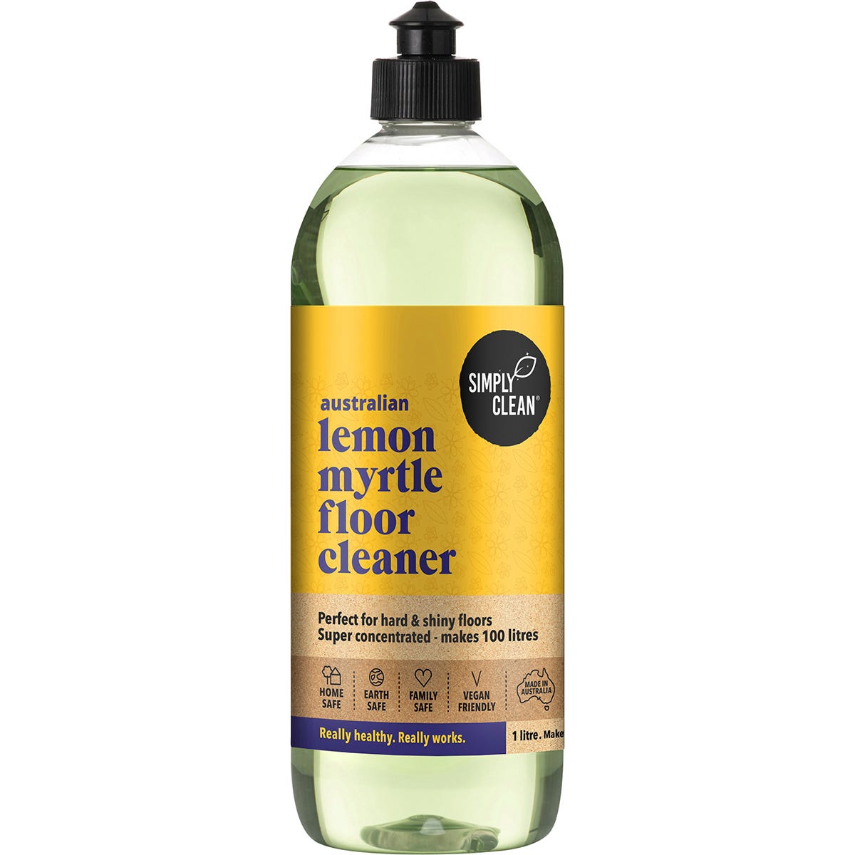 Simply Clean Floor Cleaner Lemon Myrtle 1L bottle featuring a white container with yellow and green label.
