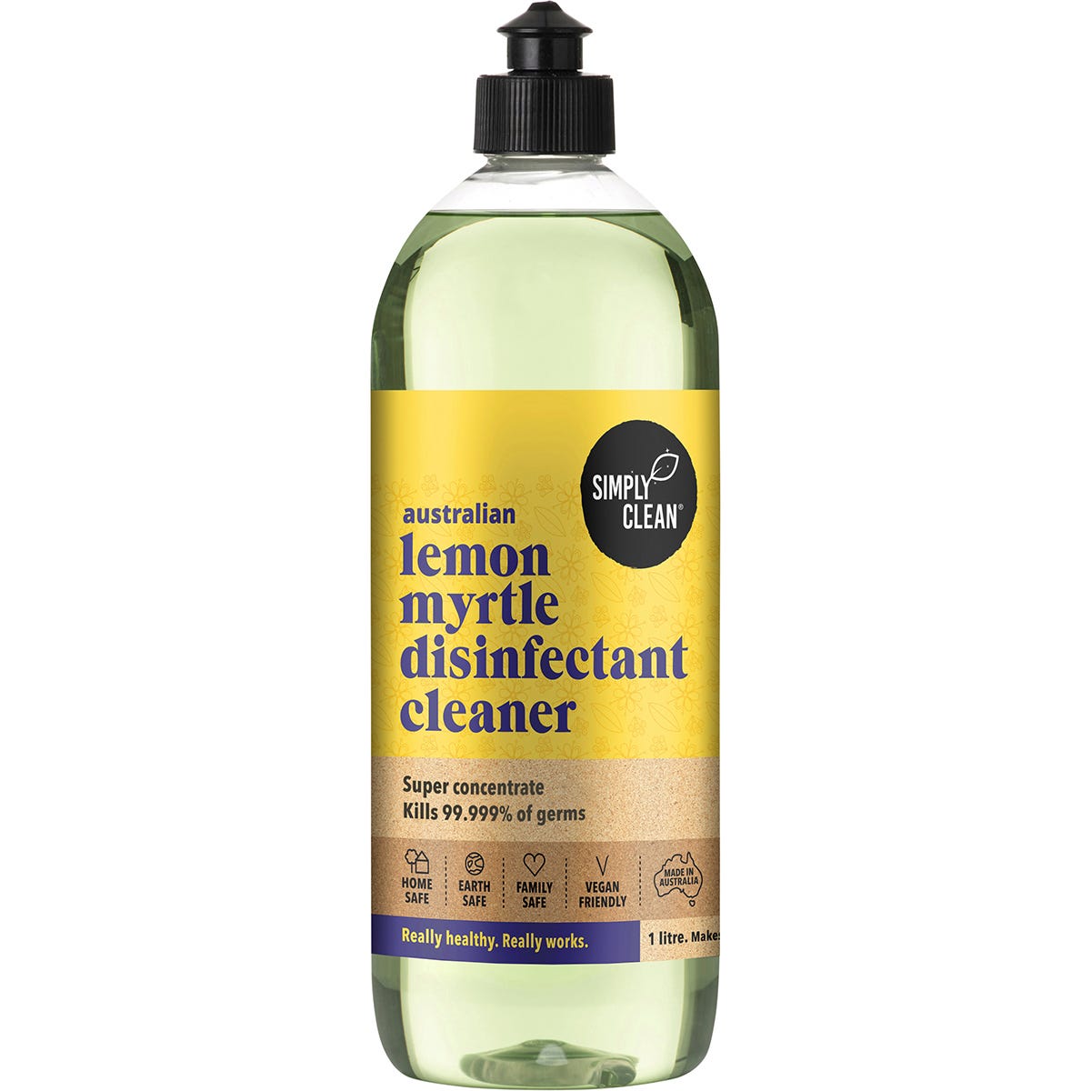 Simply Clean 1L Lemon Myrtle Disinfectant Cleaner bottle with a white label, green text, and a white pump spray head.