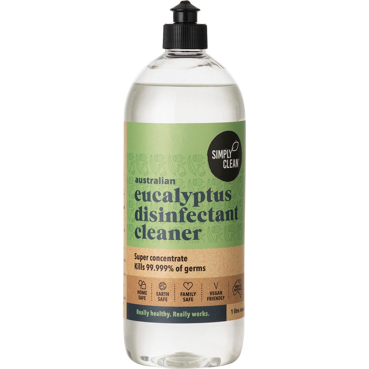 1L bottle of Simply Clean Eucalyptus Disinfectant Cleaner with a green label and eucalyptus leaf illustrations.