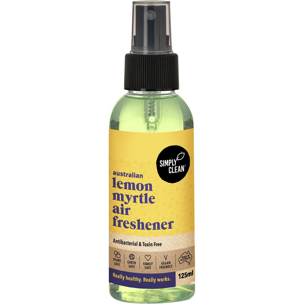 125ml spray bottle of Simply Clean Lemon Myrtle Air Freshener with a yellow label and green botanical illustrations.