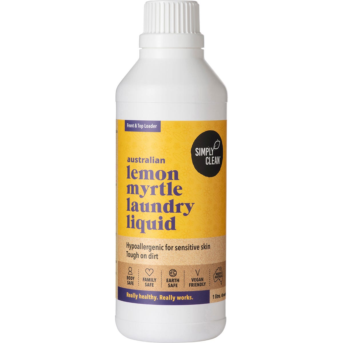 1L bottle of Simply Clean Lemon Myrtle Laundry Liquid with a yellow and green label on a white background.