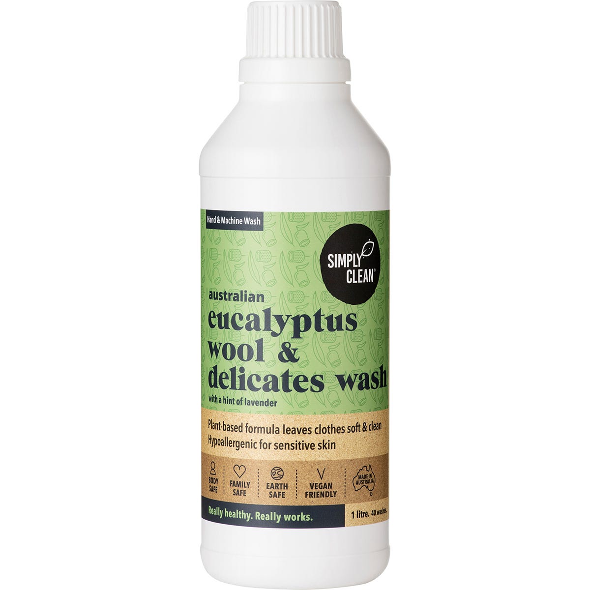 Simply Clean 1L Eucalyptus Wool and Delicates Wash in a white bottle with a green and white label.