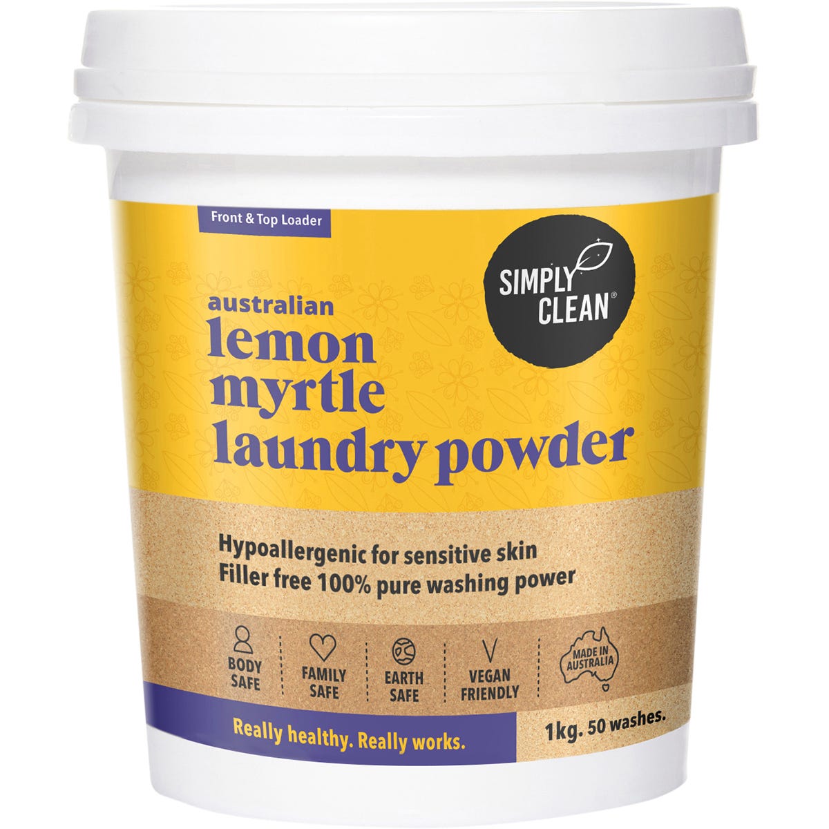 1kg tub of Simply Clean Lemon Myrtle Laundry Powder for front and top loaders, featuring a lemon and leaf illustration.