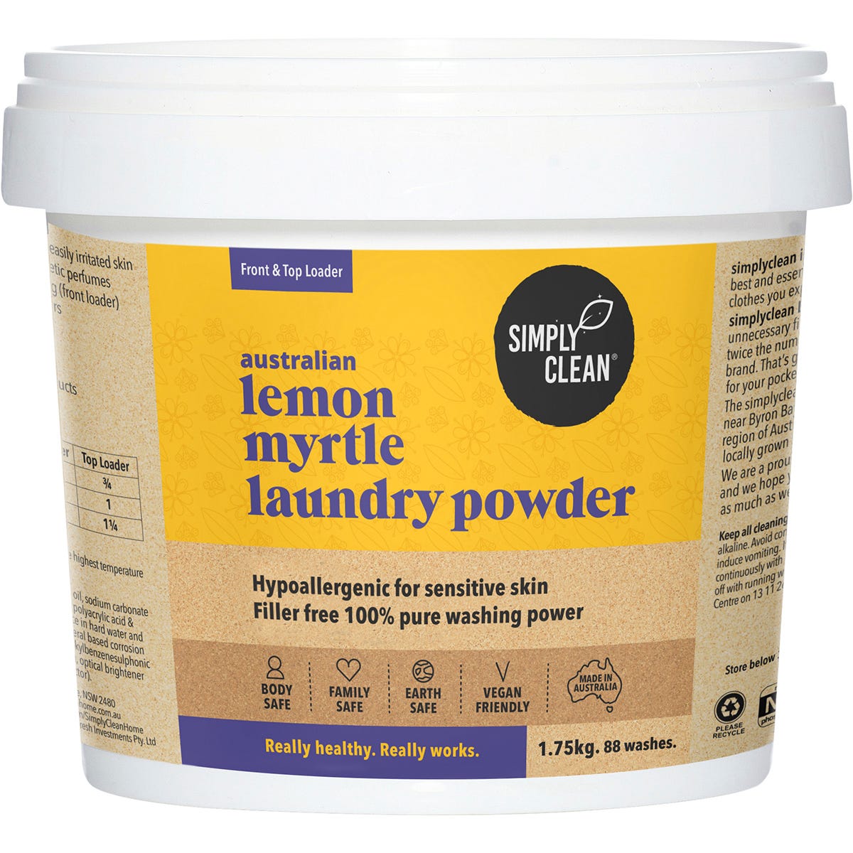 Simply Clean 1.75kg Lemon Myrtle laundry powder box with a blue measuring scoop on a white background.