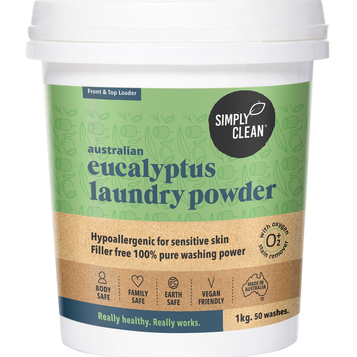 1kg tub of Simply Clean Eucalyptus Laundry Powder with a blue label on a white background.