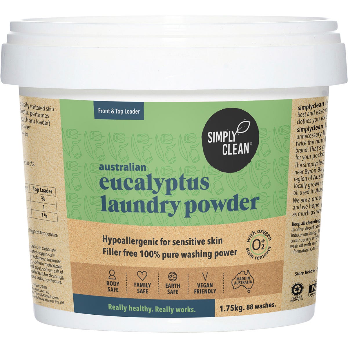 1.75kg box of Simply Clean Eucalyptus Laundry Powder in green and white packaging.