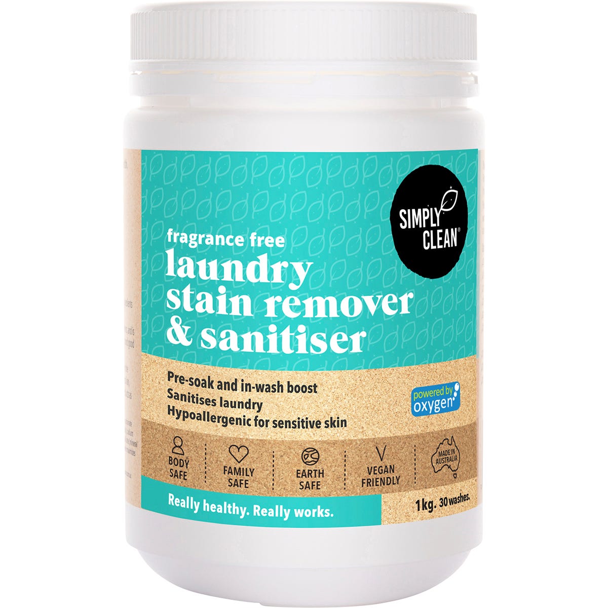1kg tub of Simply Clean Fragrance Free Laundry Stain Remover and Sanitiser with green and blue label.