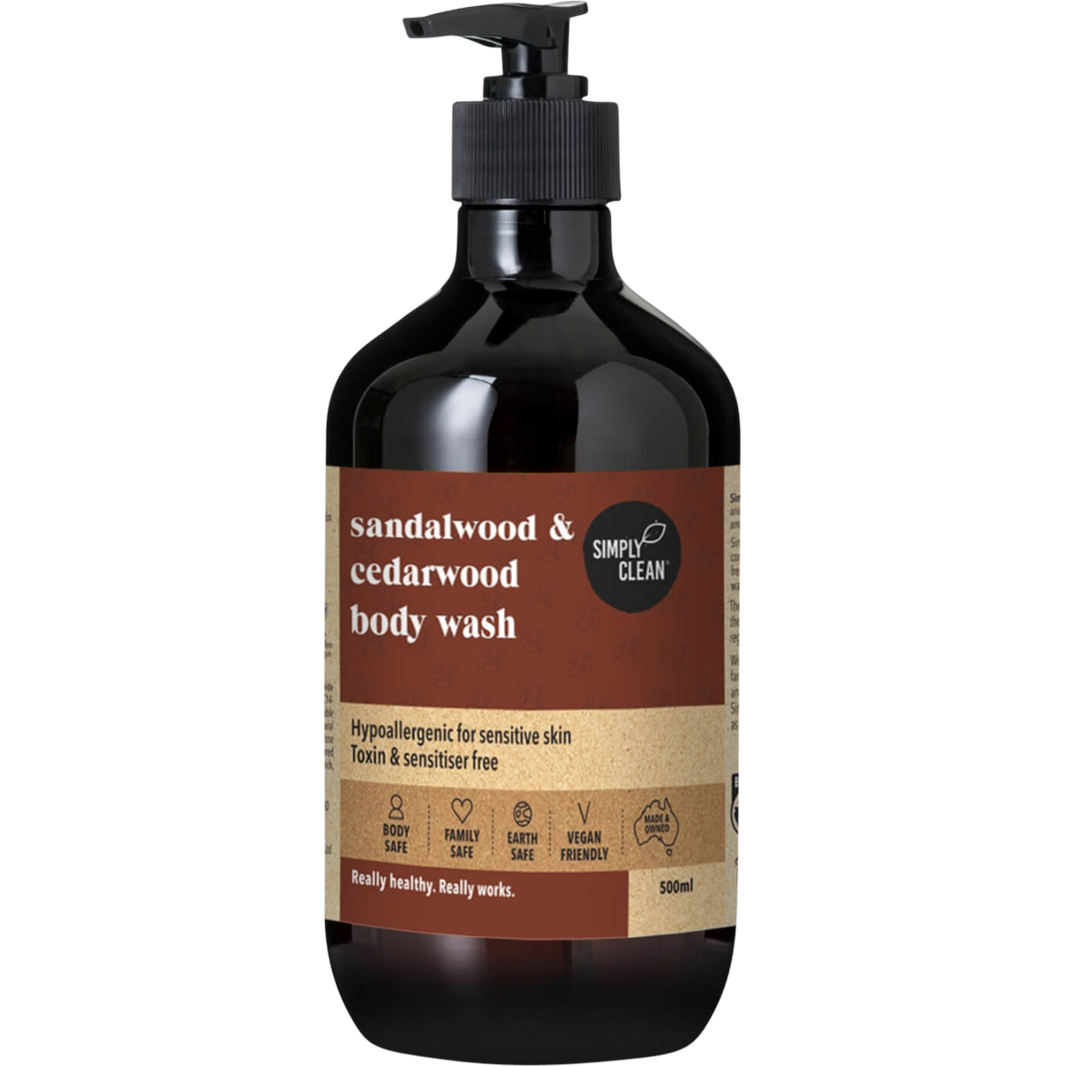500ml bottle of Simply Clean Sandalwood & Cedarwood Body Wash with a pump dispenser and botanical illustrations.