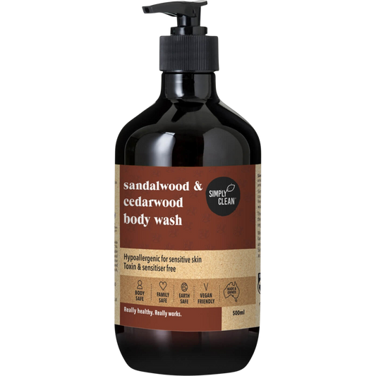 500ml bottle of Simply Clean Sandalwood & Cedarwood Body Wash with a pump dispenser and botanical illustrations.