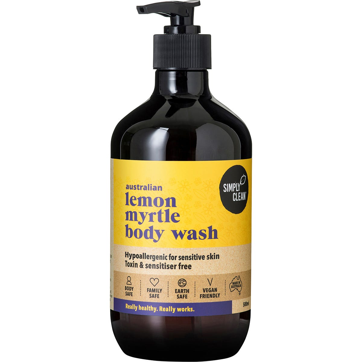 Simply Clean Lemon Myrtle Body Wash 500ml bottle with pure Australian lemon myrtle oil.