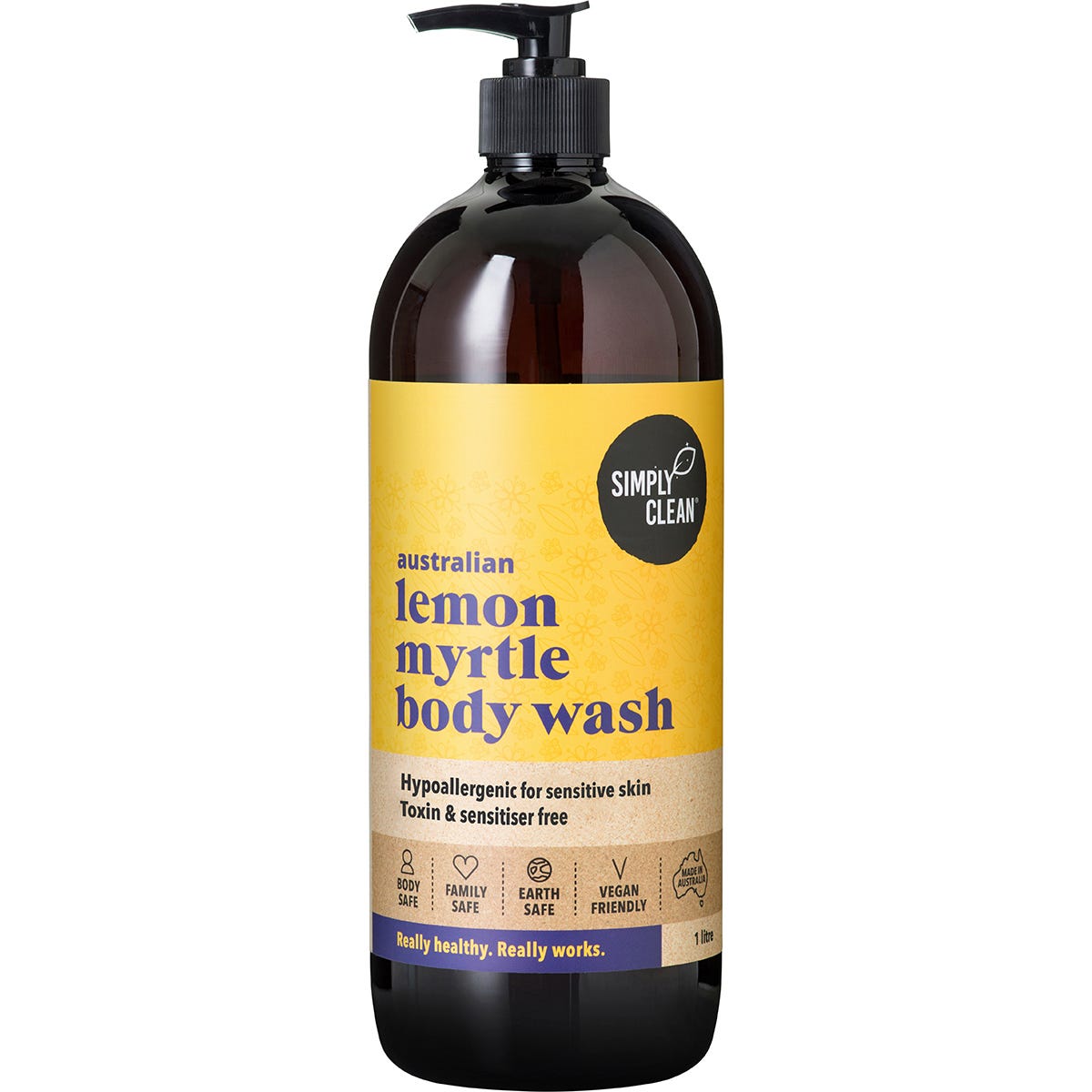 Simply Clean Lemon Myrtle Body Wash 1L bottle with a pump dispenser and a botanical label on a white background.