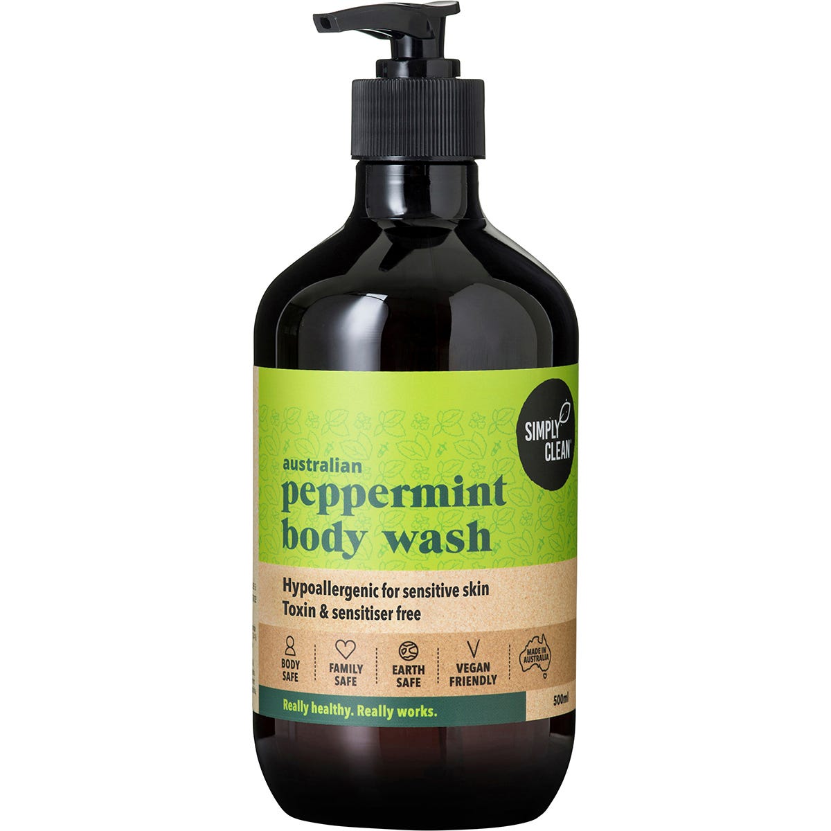 500ml Simply Clean Peppermint Body Wash in a clear bottle with a pump dispenser and a green and white label.