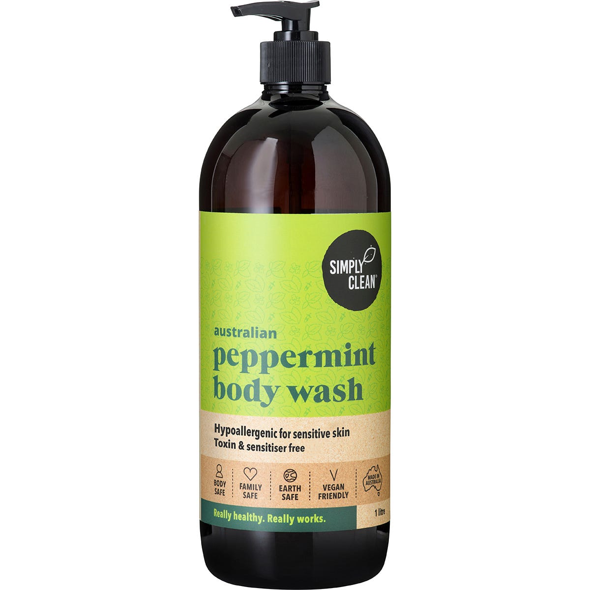 1L bottle of Simply Clean Peppermint Body Wash with a white pump and green label on a white background.