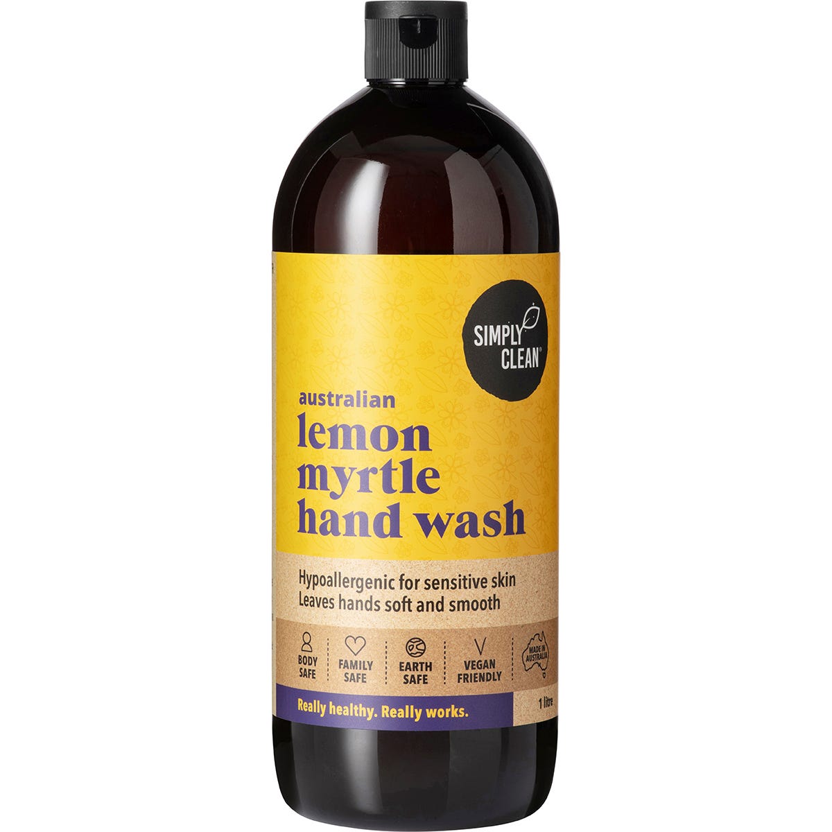 Simply Clean 1L Lemon Myrtle Hand Wash in a white refill bottle with a green and white label.