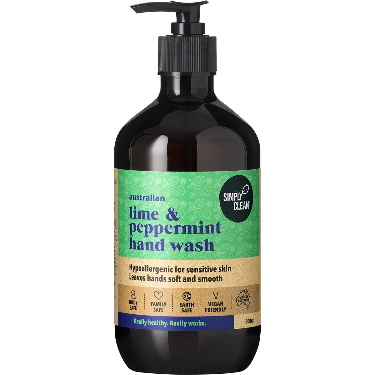 500ml bottle of Simply Clean Australian Lime and Peppermint Hand Wash with a pump dispenser on a white background.