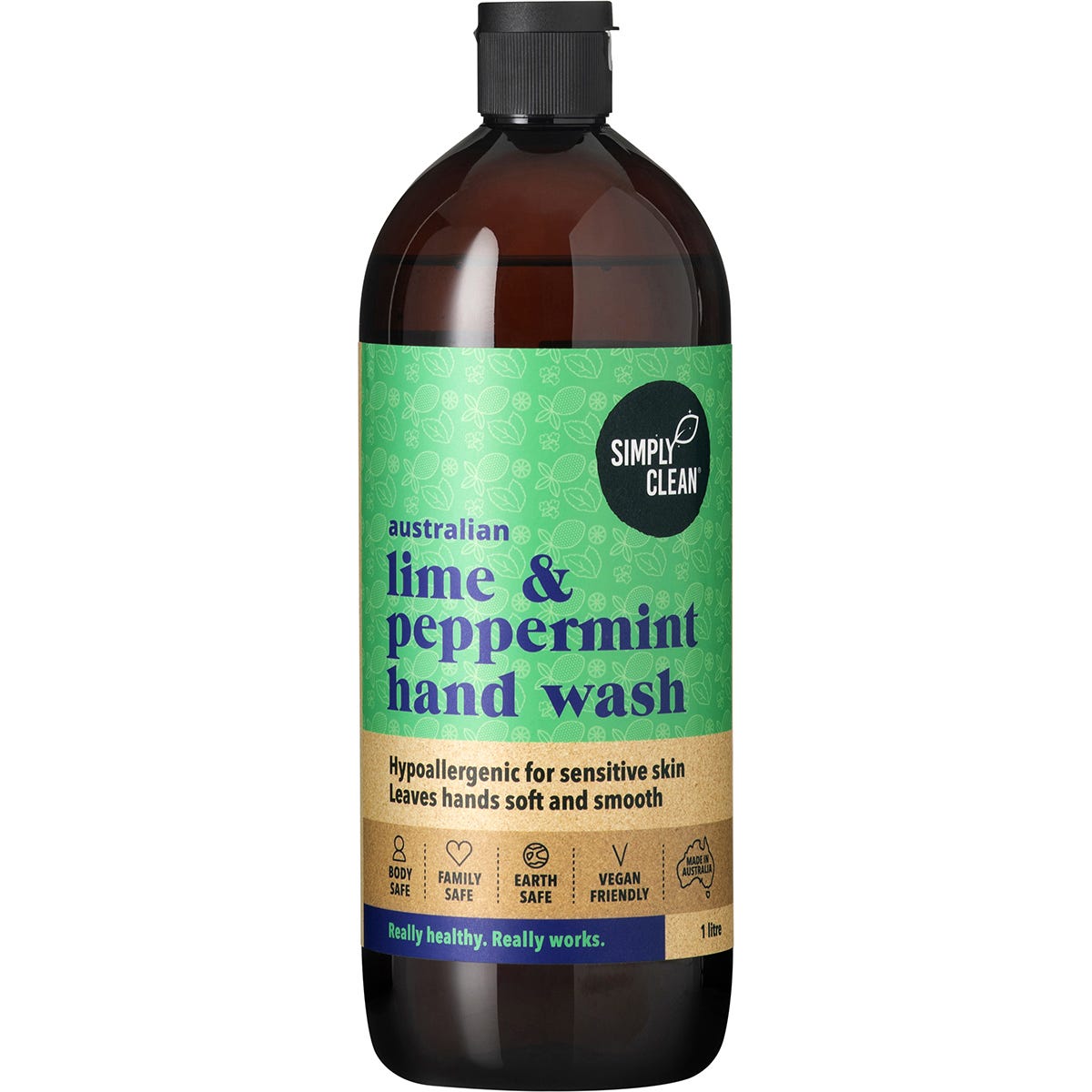 1L bottle of Simply Clean Lime and Peppermint Hand Wash with a green and white label and a pump dispenser.