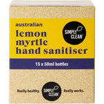 A 15-pack display box of Simply Clean Lemon Myrtle Hand Sanitiser 50ml bottles on a white background.