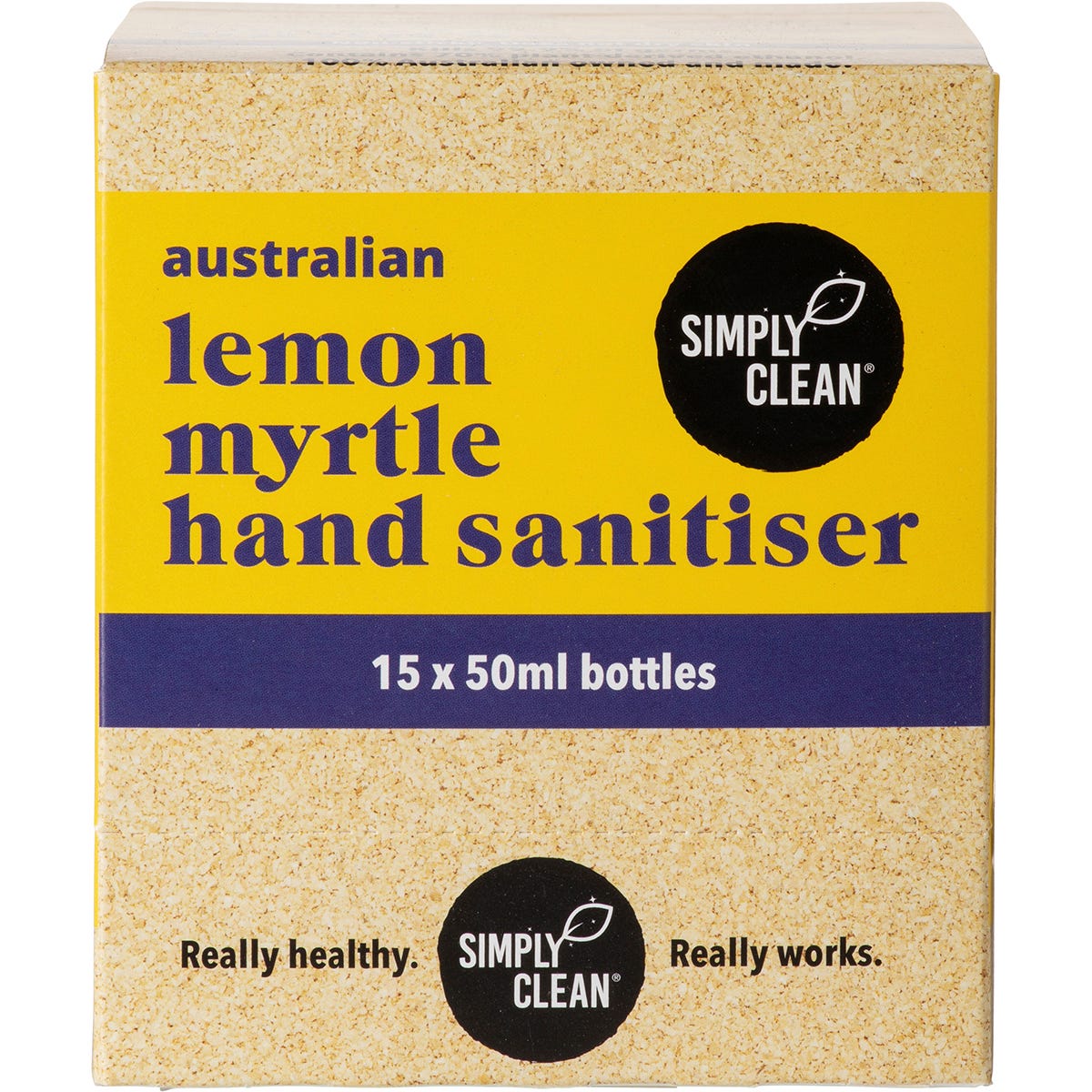 A 15-pack display box of Simply Clean Lemon Myrtle Hand Sanitiser 50ml bottles on a white background.