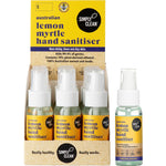 Simply Clean Lemon Myrtle Hand Sanitiser 50ml bottle shown beside its 15-pack display box on a white background.