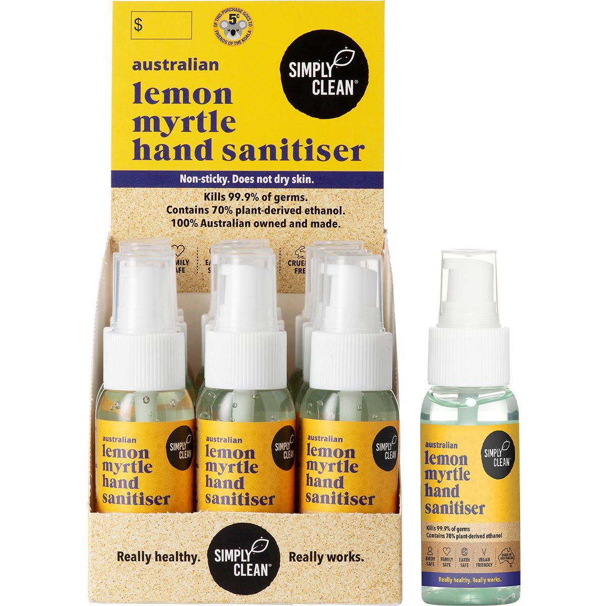 Simply Clean Lemon Myrtle Hand Sanitiser 50ml bottle shown beside its 15-pack display box on a white background.