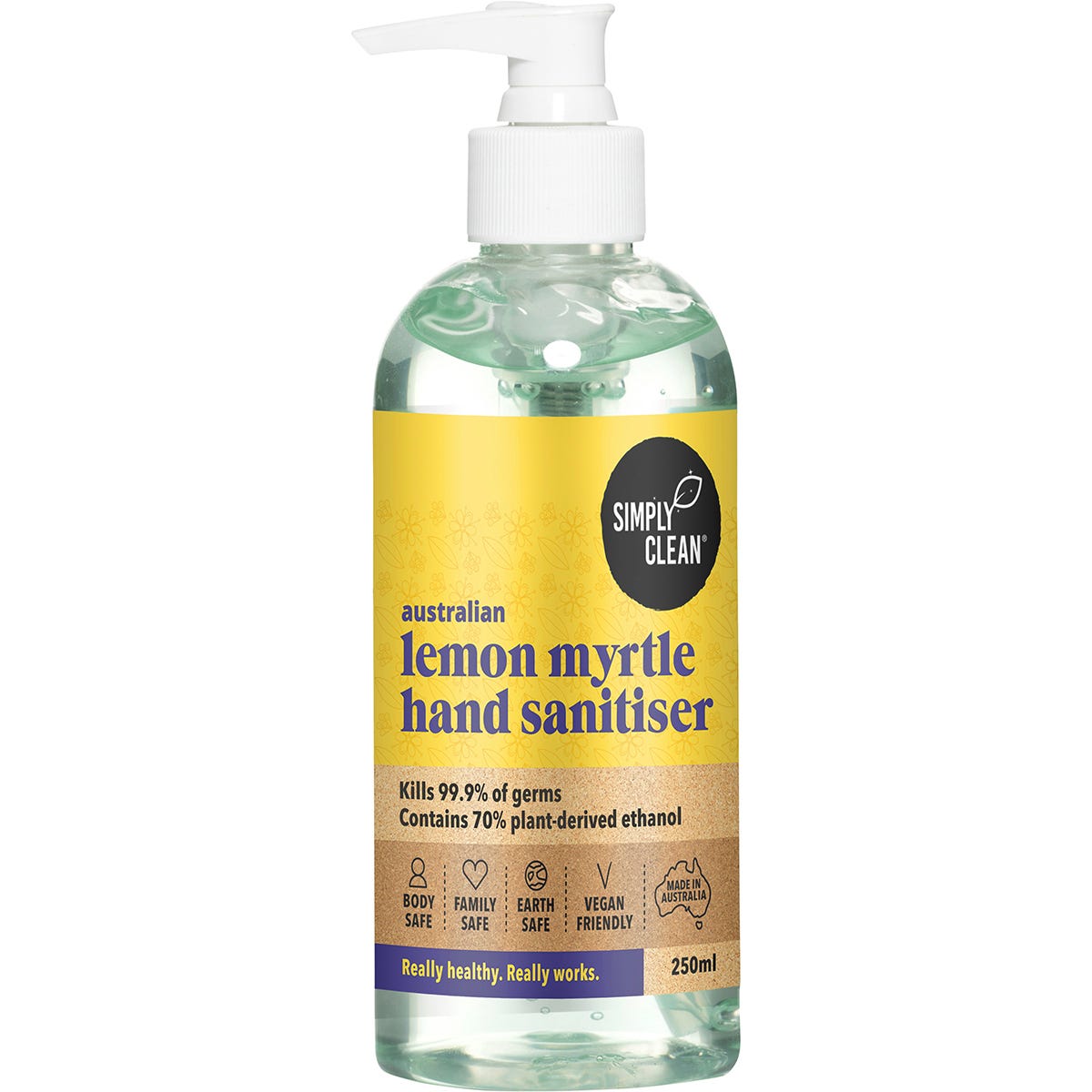 Simply Clean 250ml Lemon Myrtle Hand Sanitiser bottle with a pump dispenser and green botanical label illustrations.