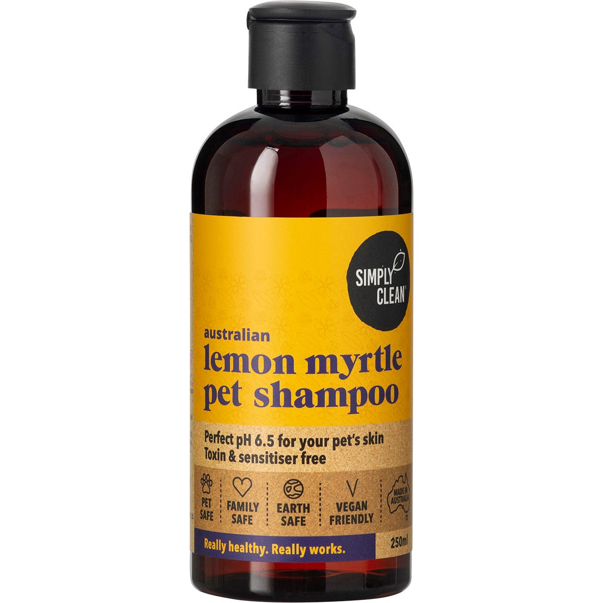 250ml bottle of Simply Clean Lemon Myrtle Pet Shampoo on a white background.