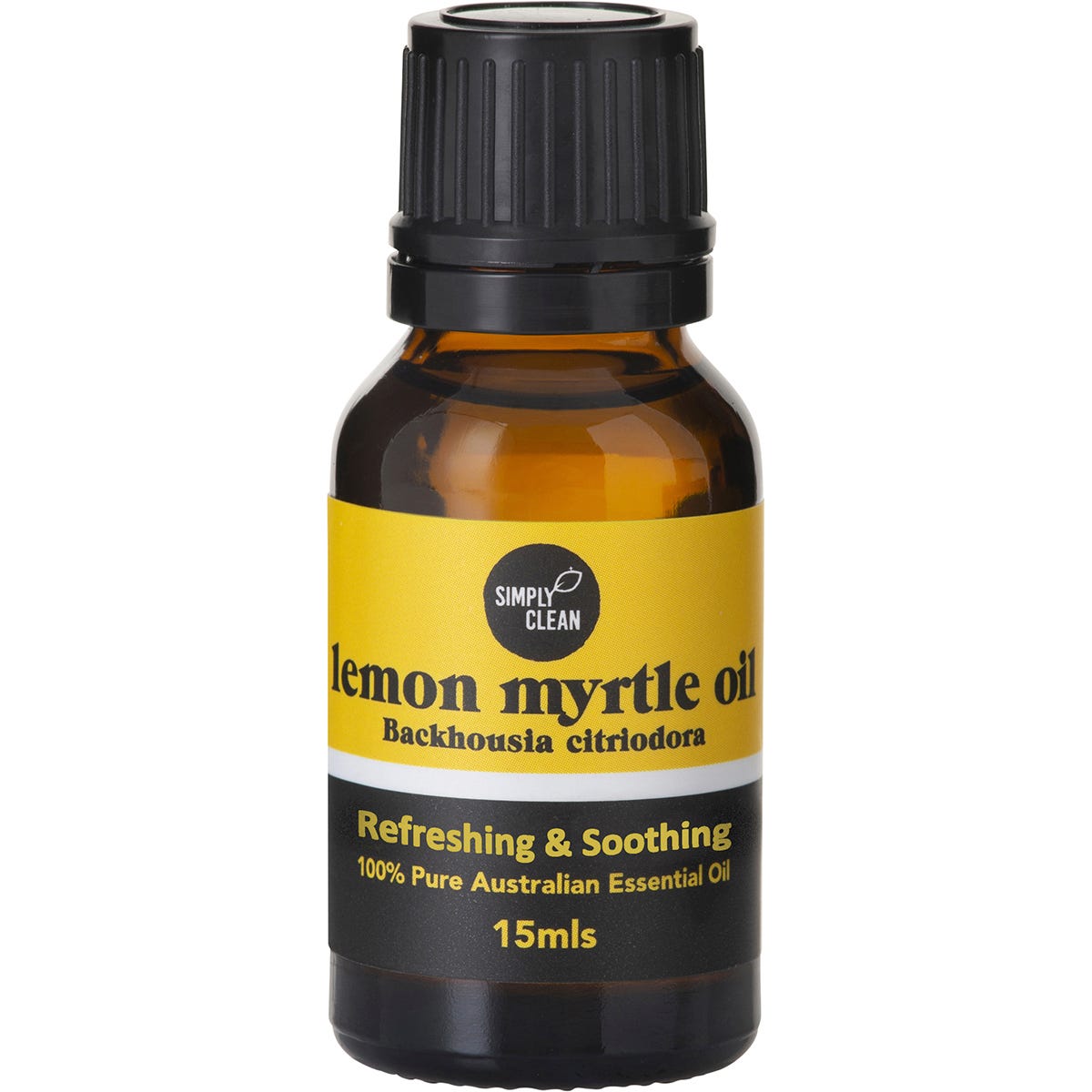 15ml bottle of Simply Clean Lemon Myrtle Essential Oil with a white dropper cap and a green botanical label.