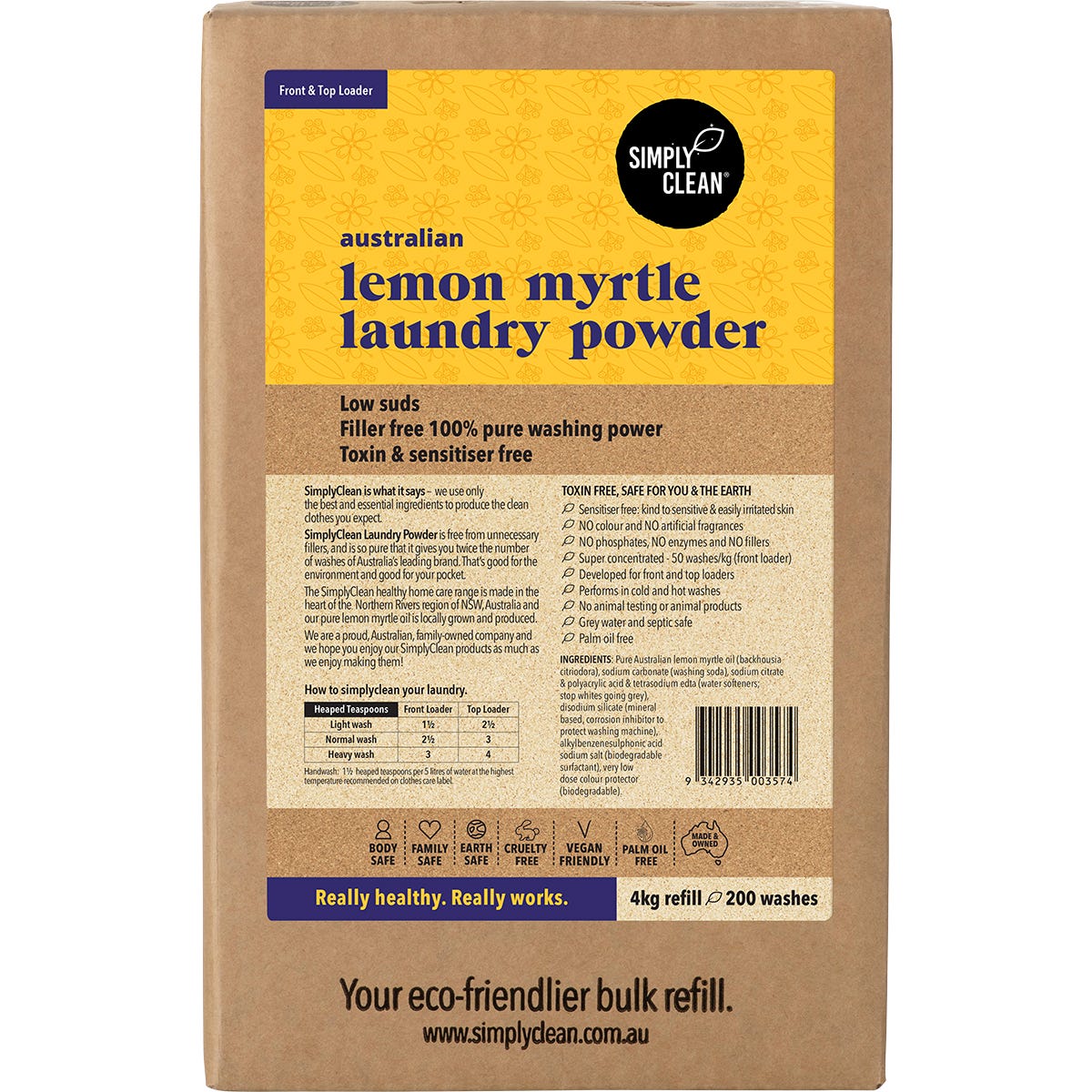 Simply Clean 4kg Lemon Myrtle Laundry Powder box featuring yellow and green text on a white background.