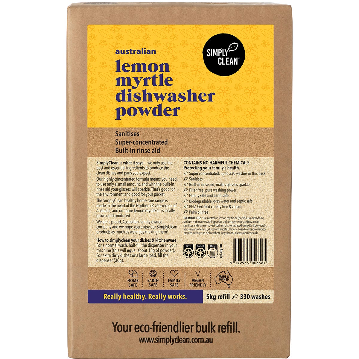 5kg pail of Simply Clean Lemon Myrtle Dishwasher Powder with a white and yellow label on a white background.