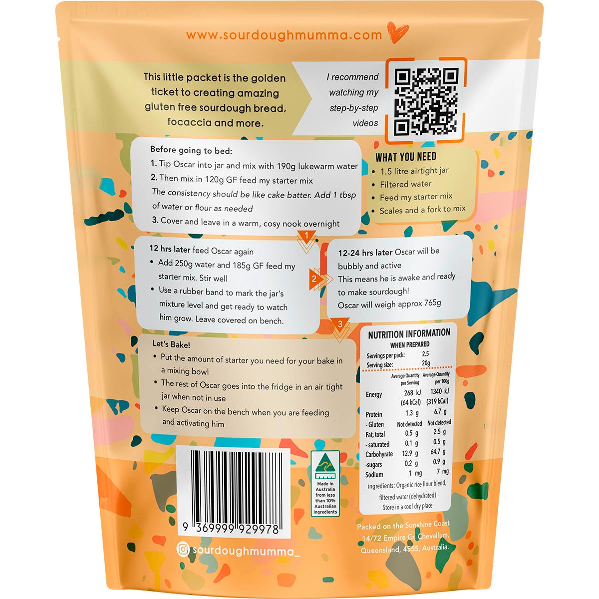 Back of a Sourdough Mumma 20g gluten-free sourdough starter packet showing ingredients and nutritional information.