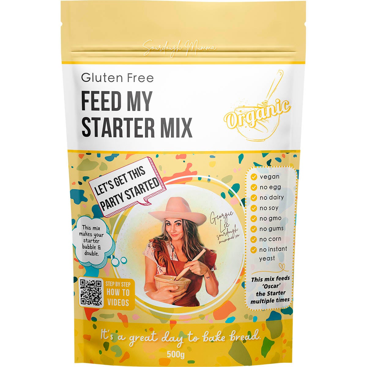 500g bag of Sourdough Mumma Feed My Starter Mix, a gluten-free and vegan sourdough starter feed.