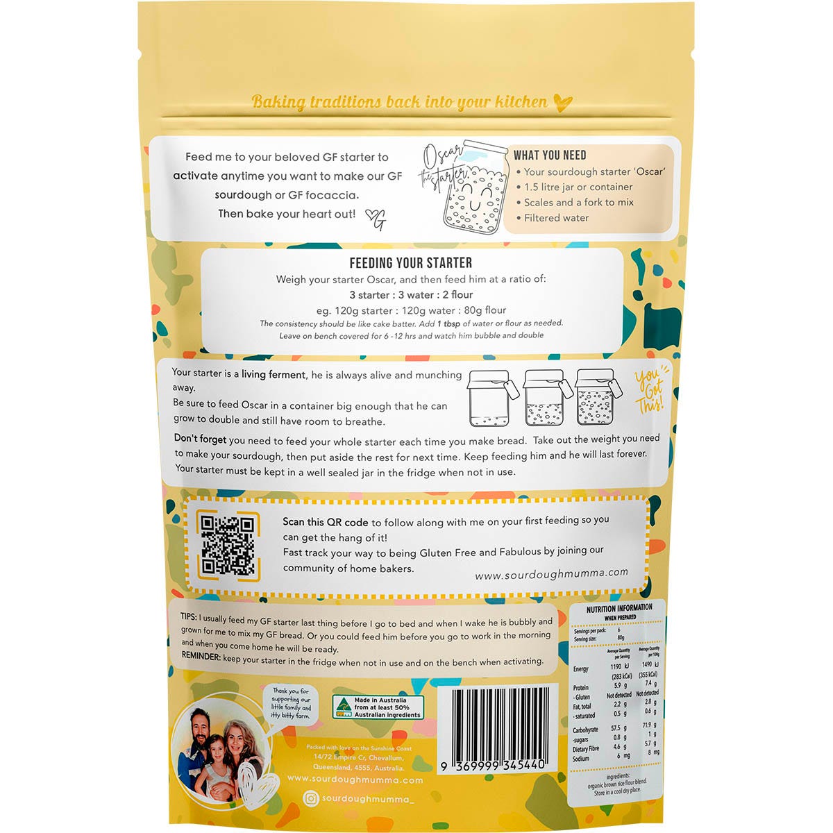 Back of 500g Sourdough Mumma Feed My Starter Mix bag with nutritional information and instructions for gluten-free starter.