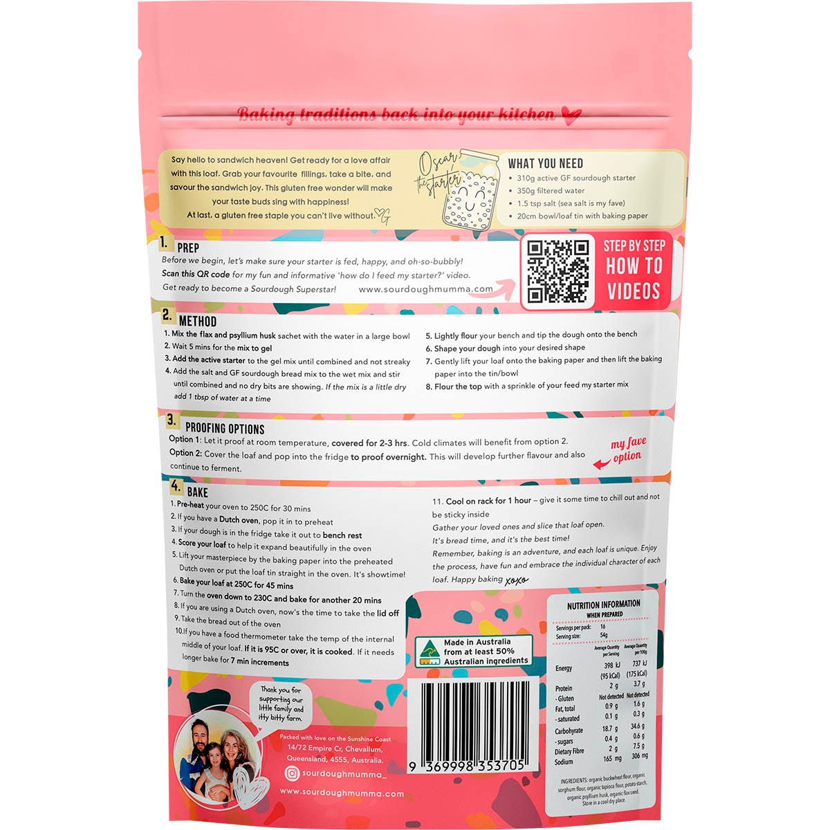 Back of the Sourdough Mumma 315g Gluten Free Sourdough Bread Mix pouch showing ingredients and instructions.