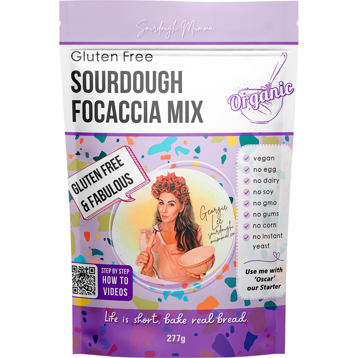 277g pouch of Sourdough Mumma Gluten Free Sourdough Focaccia Mix with organic ingredients listed on the front.