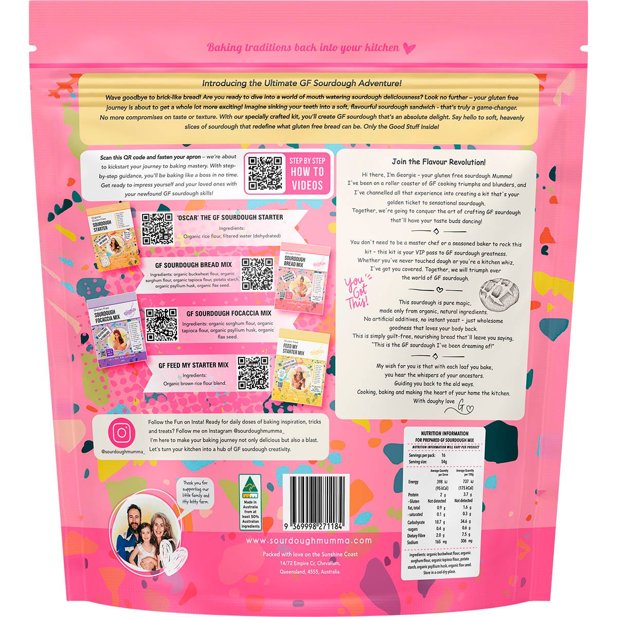Back of Sourdough Mumma Gluten Free Bread Making Kit with ingredients, nutritional info, and a QR code.