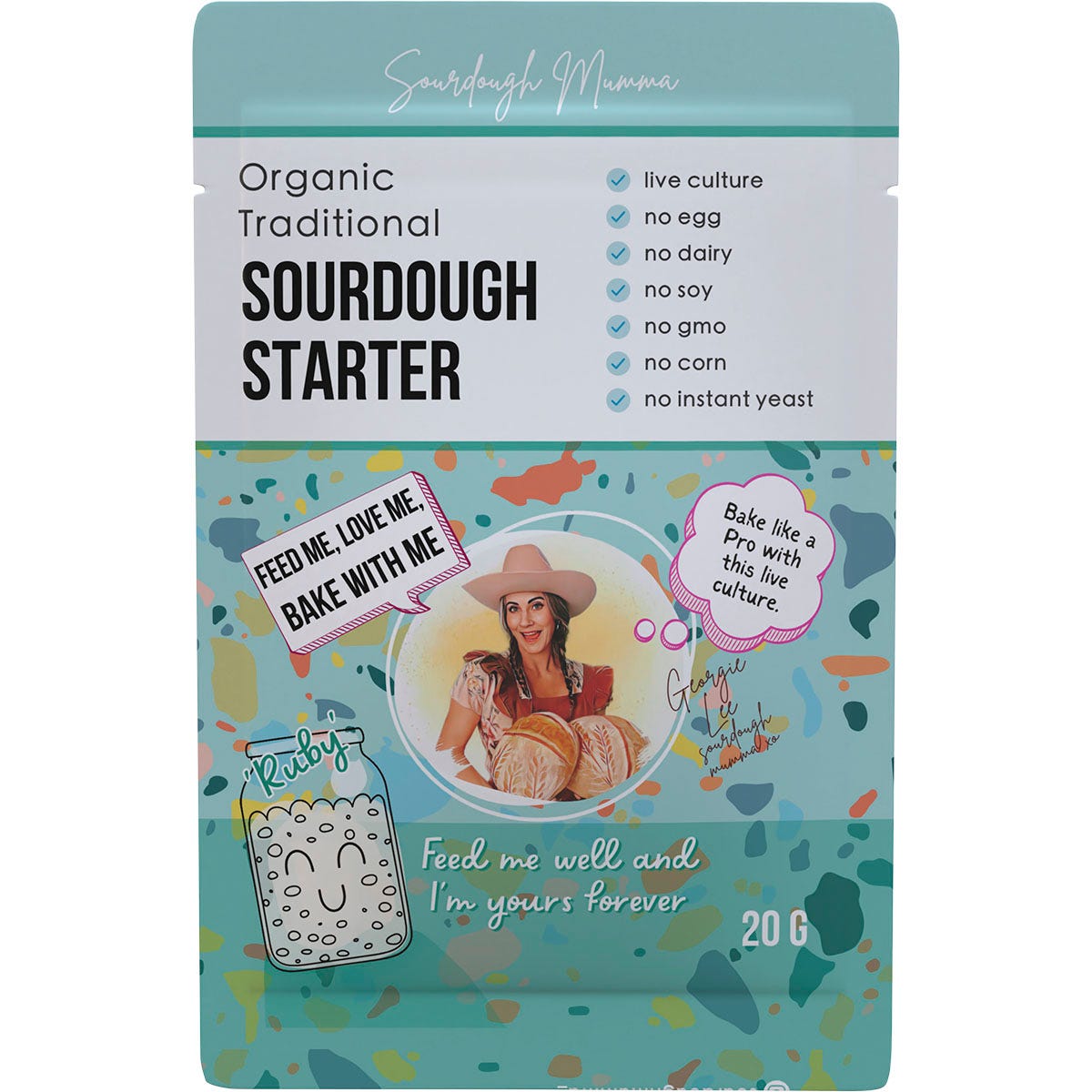 20g pouch of Sourdough Mumma Traditional Sourdough Starter with a white and pink brand label.