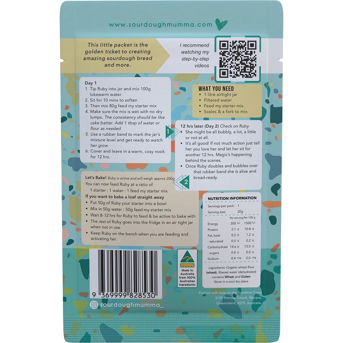 Back of a 20g Sourdough Mumma Traditional Sourdough Starter pouch with instructions and a QR code on a white background.