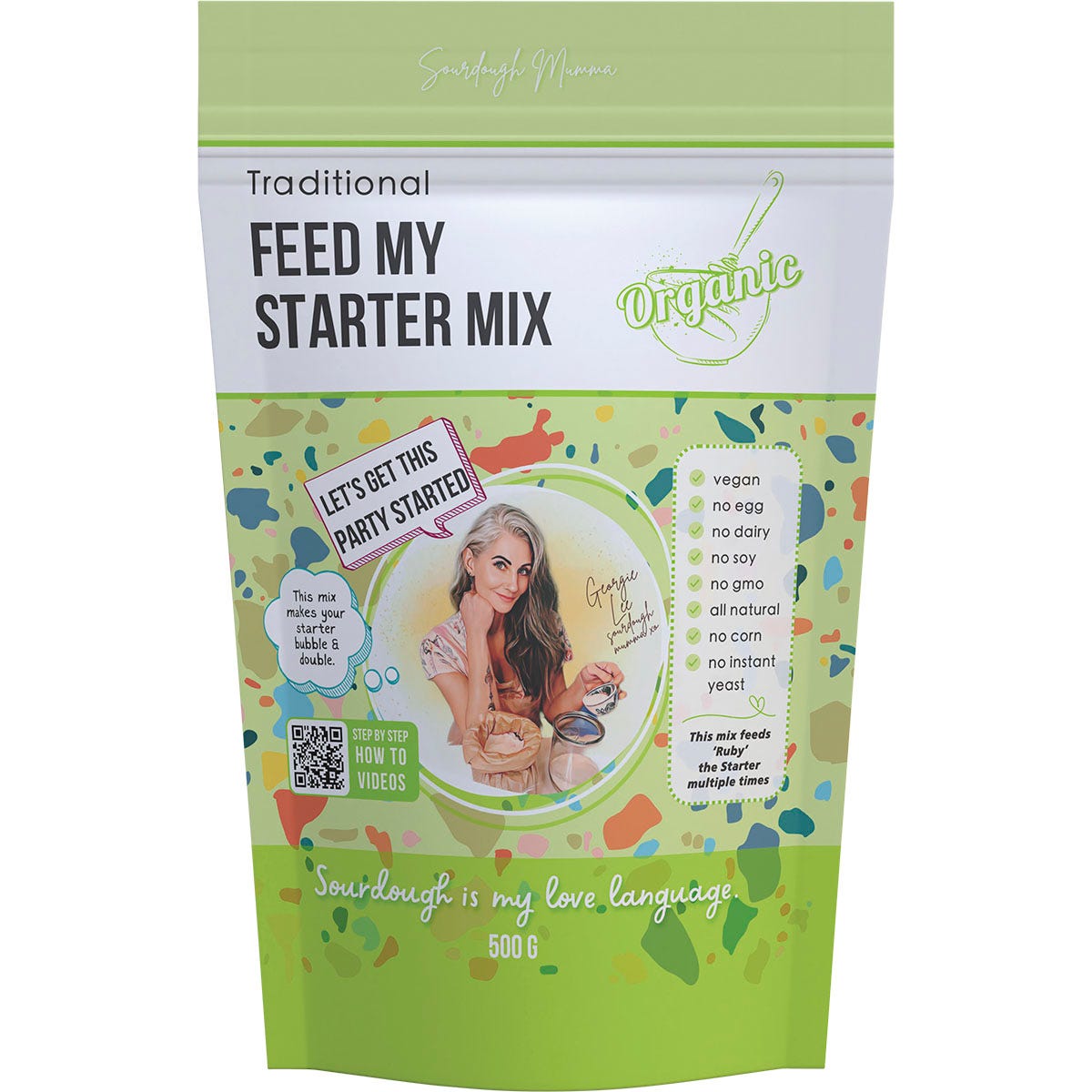 500g bag of Sourdough Mumma Feed My Starter Mix Traditional with organic ingredients and a brown paper label.