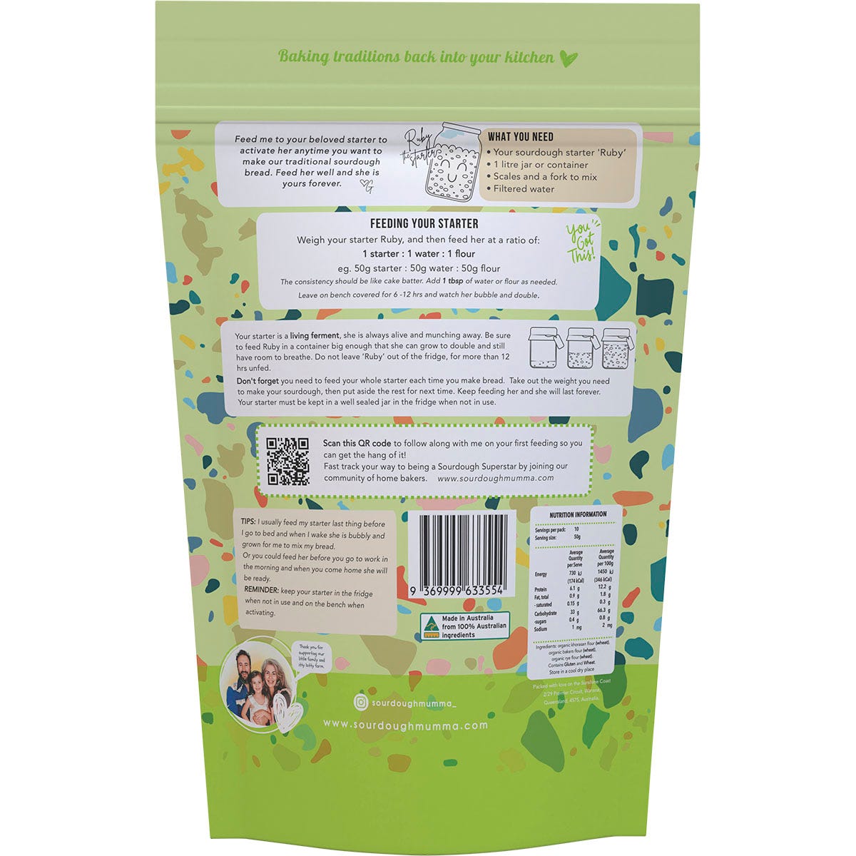 Back of Sourdough Mumma Traditional Starter Mix bag showing ingredients, nutrition panel, and instructions for use.