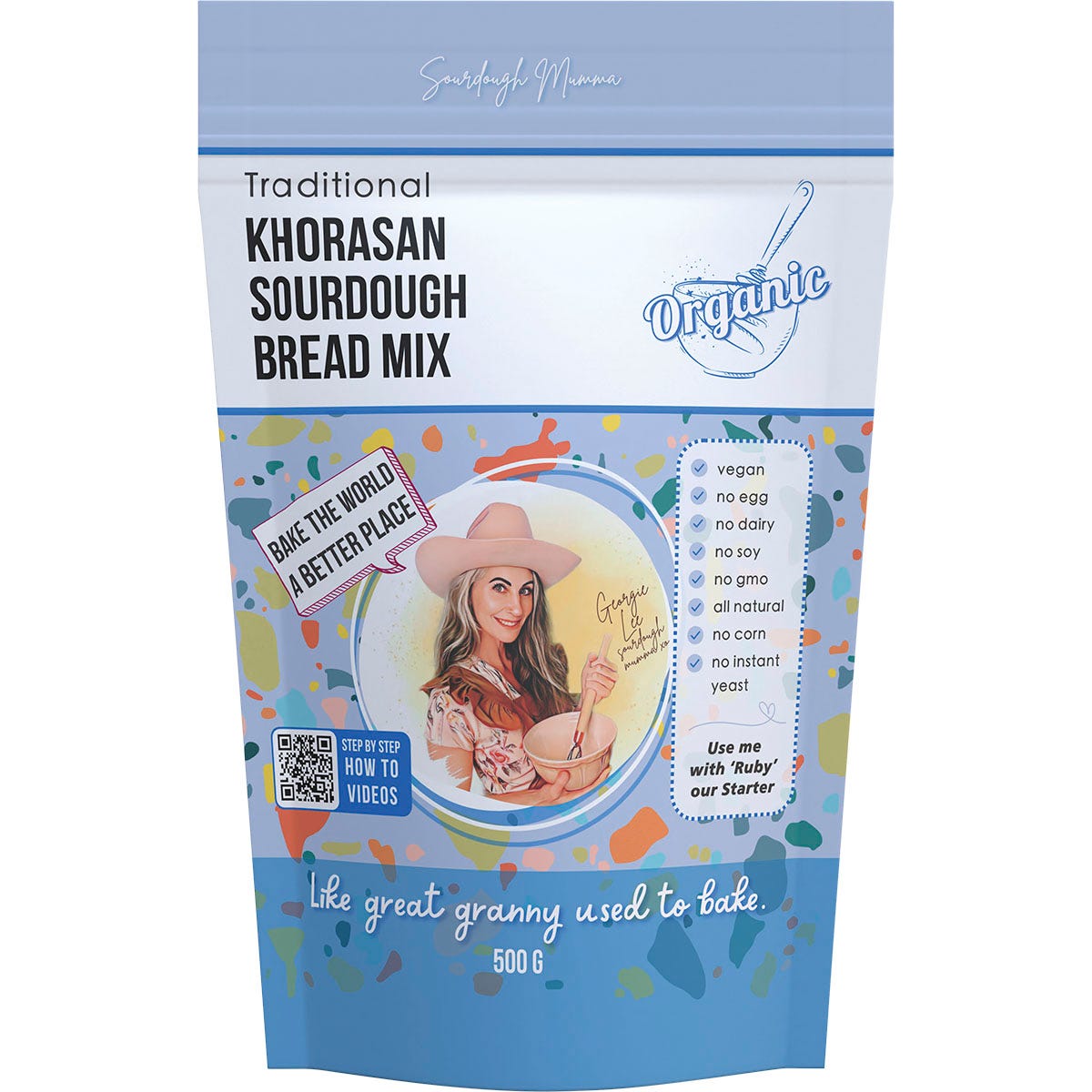 500g bag of Sourdough Mumma Khorasan Sourdough Bread Mix Traditional on a white background.