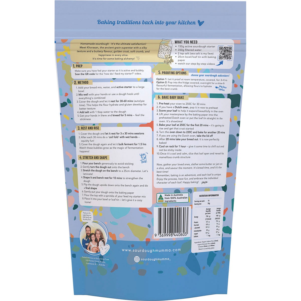Back of Sourdough Mumma Khorasan Bread Mix bag showing nutritional facts and ingredients on white.